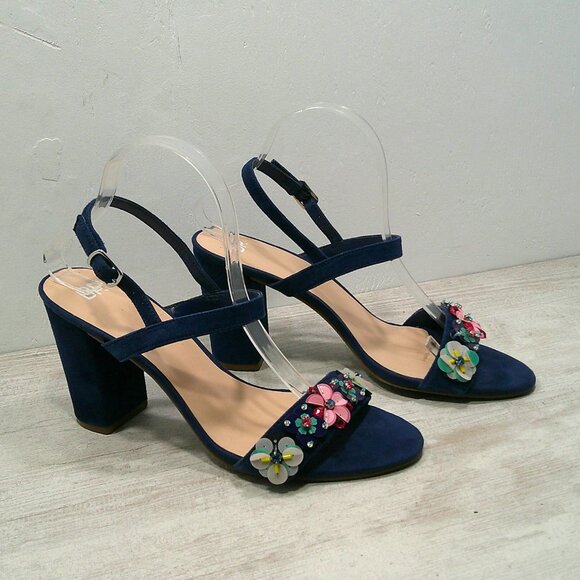 BP Navy Suede High Block Heels with Floral Embellishments Size 10 M - Picture 9 of 15